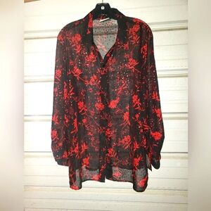 2X Plus Size Black Red Floral reflective Blouse Top Shirt Fashion Bug Vintage